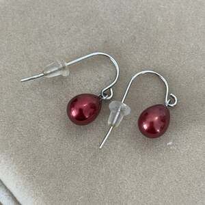 Honora Sterling Silver 8.5mm Wine Burgundy Pearl French Hook Dangle Earrings